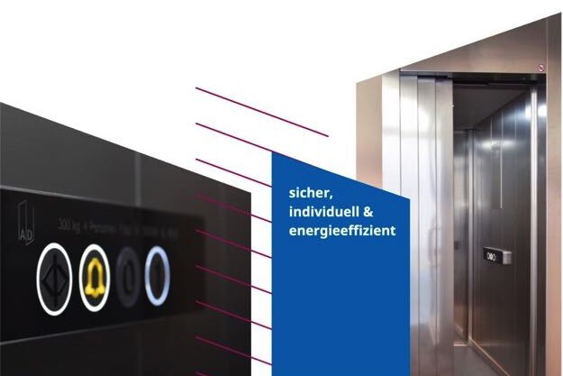 Grafik Homelifte mit Bild Tastenleiste Etagenwahl und Blick in einen Aufzug, Wände aus Metall